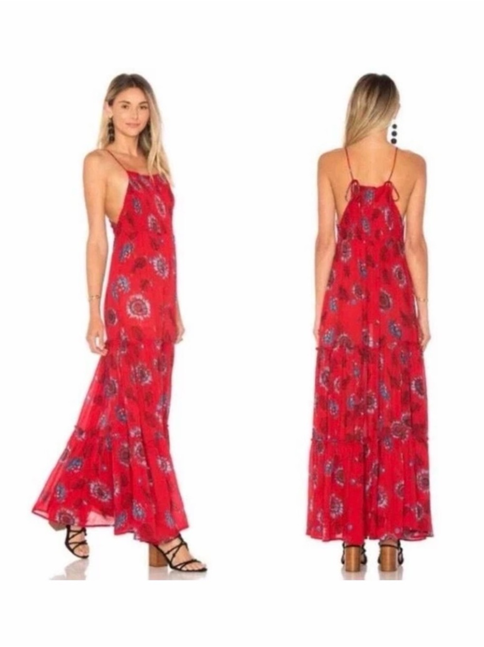 Free People Red Floral Tie-Back Maxi Dress
